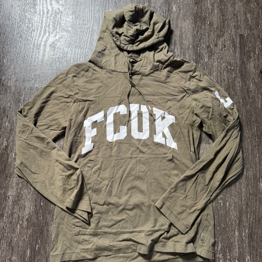 FCUK Hooded T-Shirt Womens Medium Olive Green Long Sleeve Graphic Fitted LDN